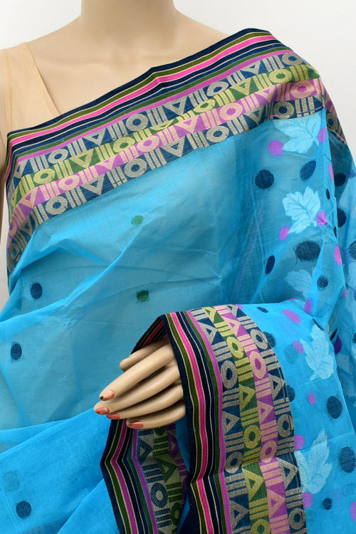 Pherozi Blue Handloom Tant Cotton Saree