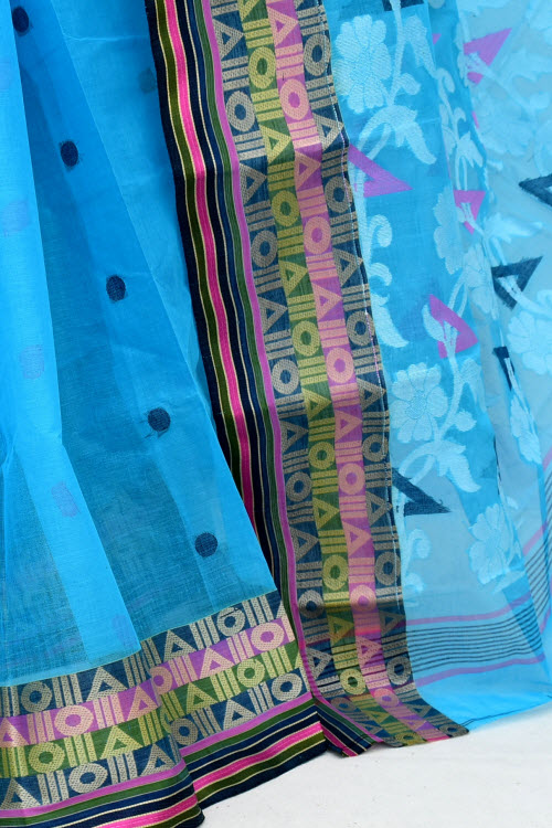 Pherozi Blue Handloom Tant Cotton Saree