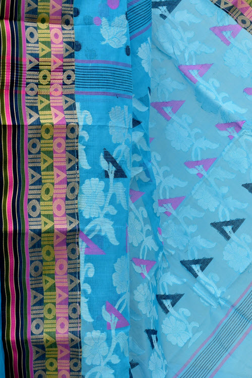 Pherozi Blue Handloom Tant Cotton Saree