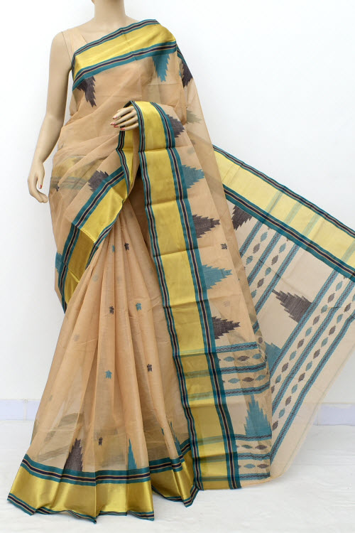 Fawn Handloom Tant Cotton Saree Temple Border
