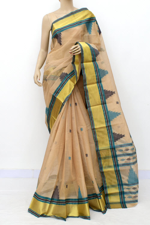 Fawn Handloom Tant Cotton Saree Temple Border
