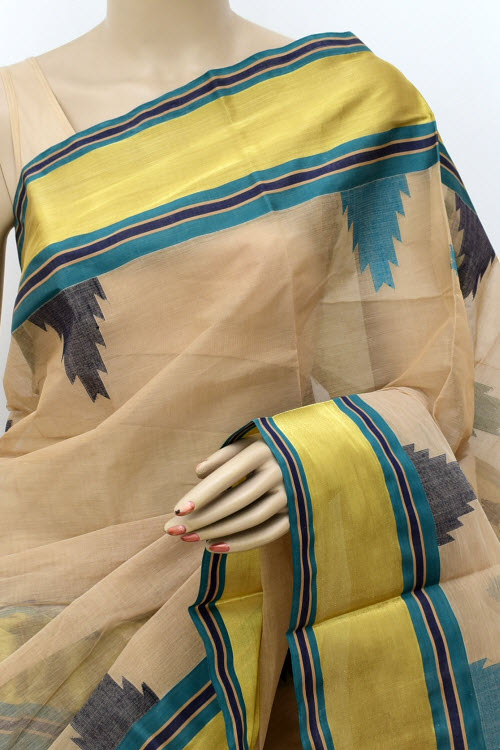 Fawn Handloom Tant Cotton Saree Temple Border