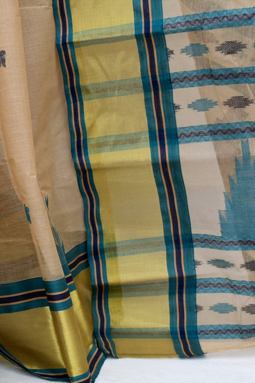 Fawn Handloom Tant Cotton Saree Temple Border
