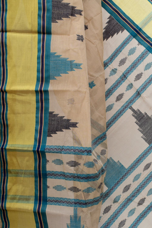 Fawn Handloom Tant Cotton Saree Temple Border