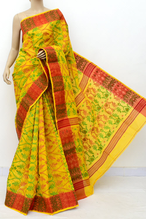 Yellow-Red Handloom Jamdani Tant Cotton Saree