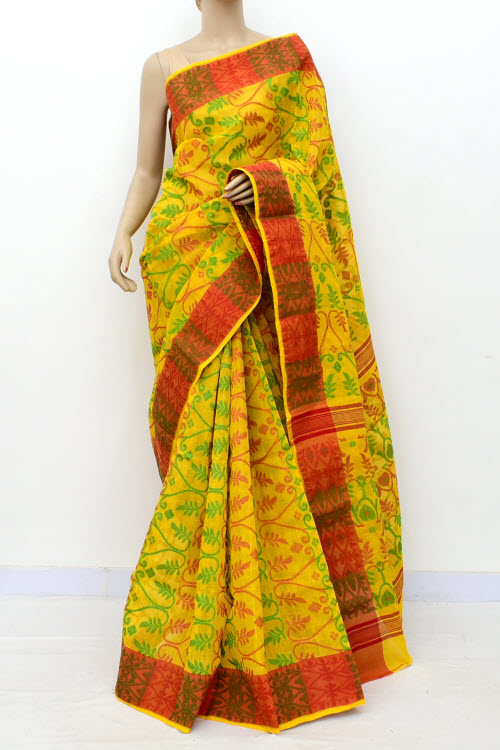 Yellow-Red Handloom Jamdani Tant Cotton Saree