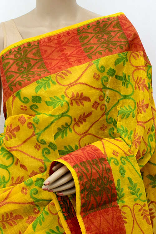 Yellow-Red Handloom Jamdani Tant Cotton Saree