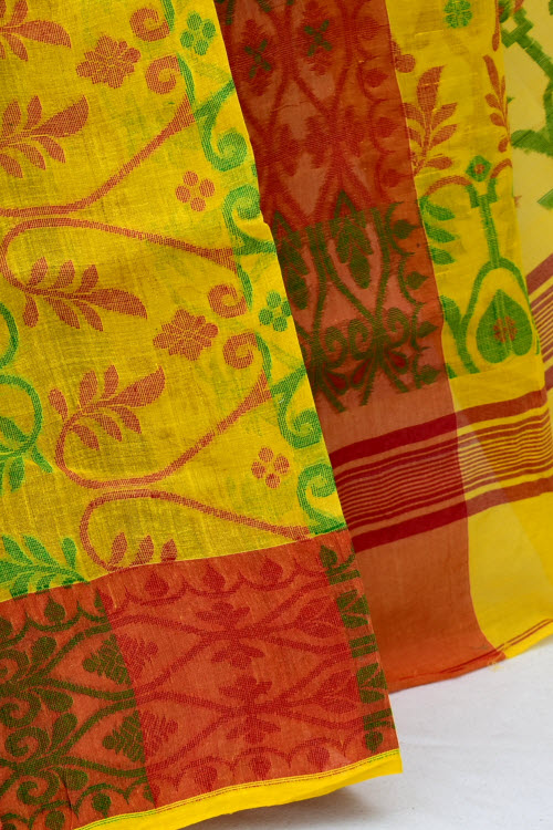 Yellow-Red Handloom Jamdani Tant Cotton Saree