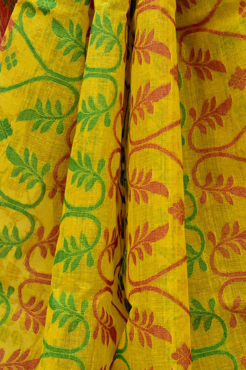 Yellow-Red Handloom Jamdani Tant Cotton Saree
