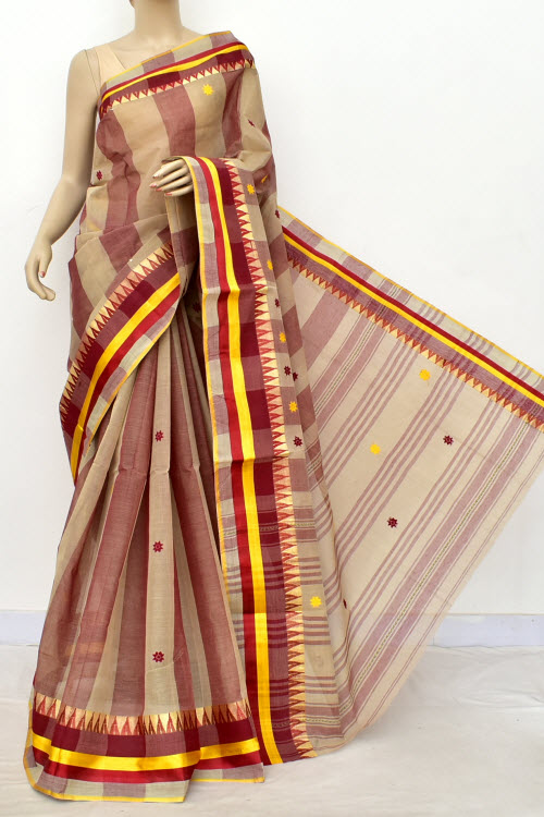 Maroon-Fawn Handloom Tant Cotton Saree Temple Border