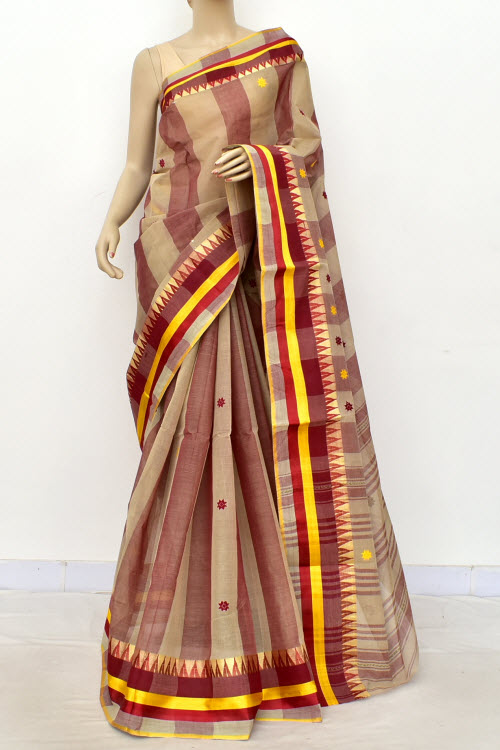 Maroon-Fawn Handloom Tant Cotton Saree Temple Border