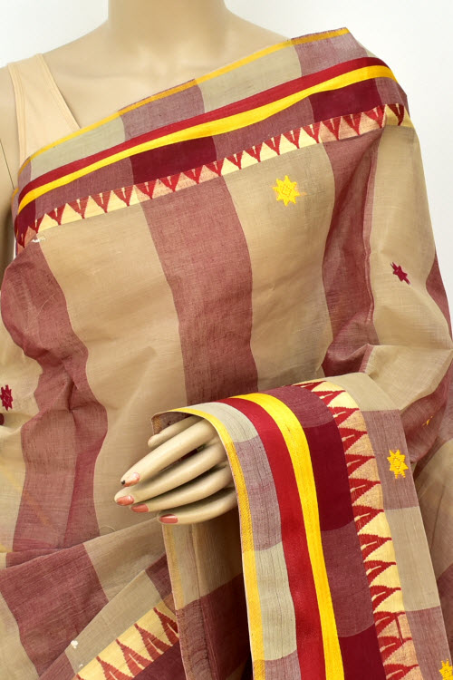 Maroon-Fawn Handloom Tant Cotton Saree Temple Border