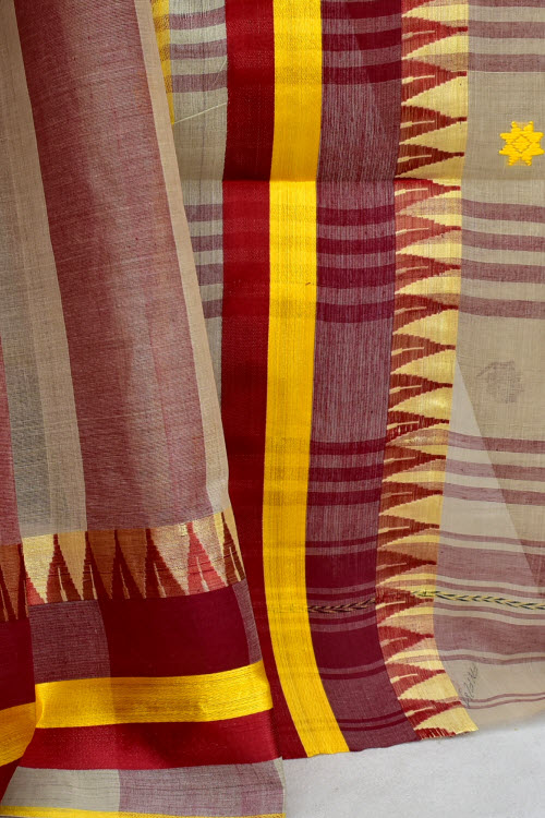 Maroon-Fawn Handloom Tant Cotton Saree Temple Border