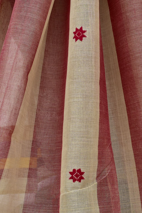 Maroon-Fawn Handloom Tant Cotton Saree Temple Border