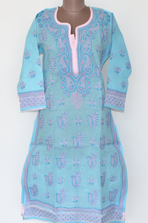 L 42 Pherozi Blue Chikankari Stitched Cotton Kurti 17878