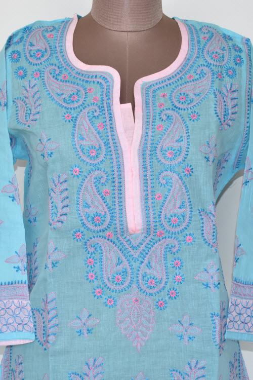 L 42 Pherozi Blue Chikankari Stitched Cotton Kurti 17878