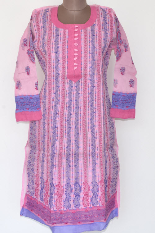 L 42 Pink Blue Chikankari Stitched Cotton Kurti 17879