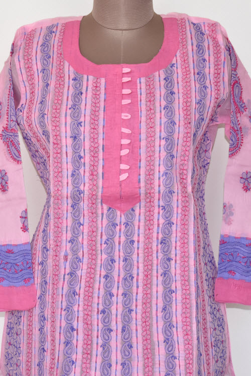 L 42 Pink Blue Chikankari Stitched Cotton Kurti 17879