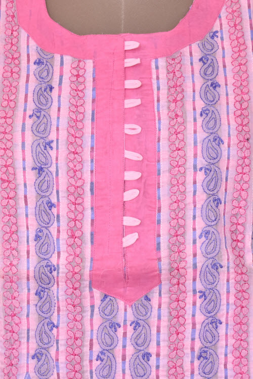 L 42 Pink Blue Chikankari Stitched Cotton Kurti 17879