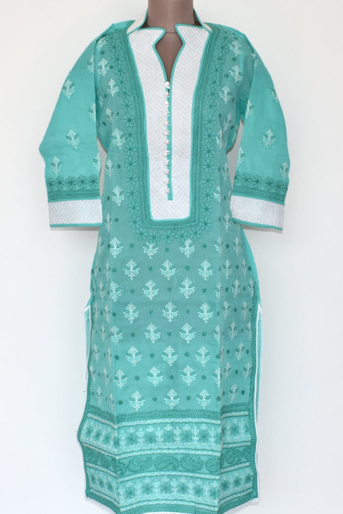 XL 44 Sea Green Chikankari Stitched Cotton Kurti 17881