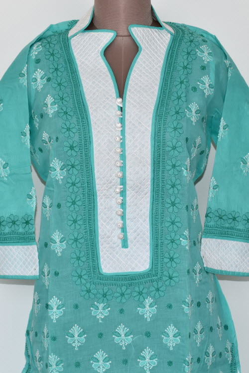 XL 44 Sea Green Chikankari Stitched Cotton Kurti 17881