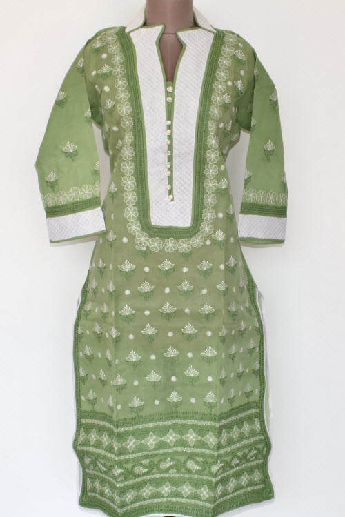 XL 44 Pista Green Chikankari Stitched Cotton Kurti 17882