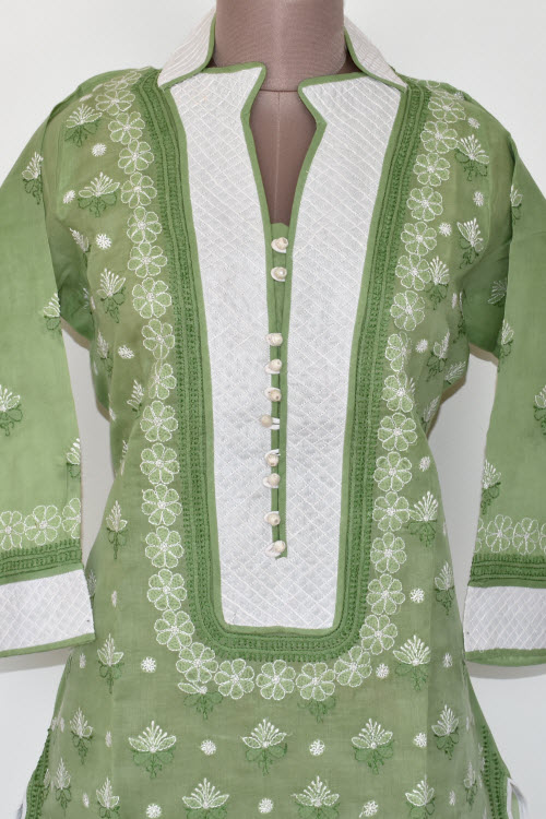 XL 44 Pista Green Chikankari Stitched Cotton Kurti 17882