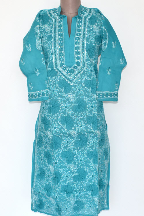 L 42 Pherozi Blue Chikankari Stitched Cotton Kurti 17884