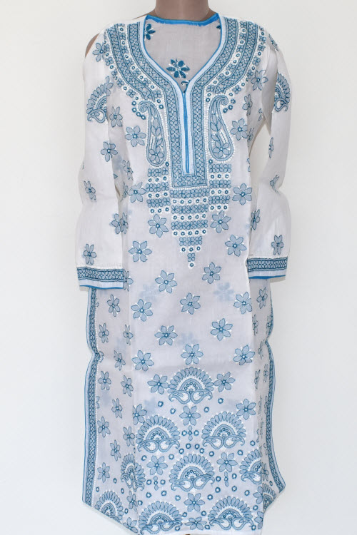S 38 White-Pherozi Blue Chikankari Stitched Cotton Kurti 17885