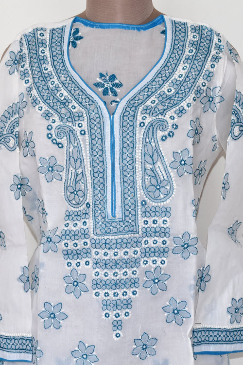 S 38 White-Pherozi Blue Chikankari Stitched Cotton Kurti 17885