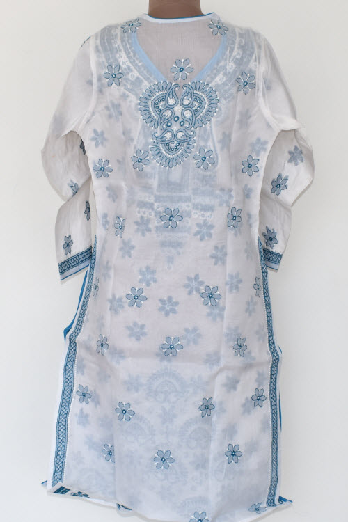S 38 White-Pherozi Blue Chikankari Stitched Cotton Kurti 17885