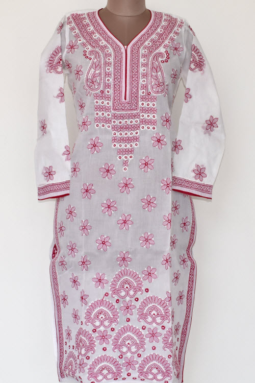 S 38 White-Maroon Chikankari Stitched Cotton Kurti 17886
