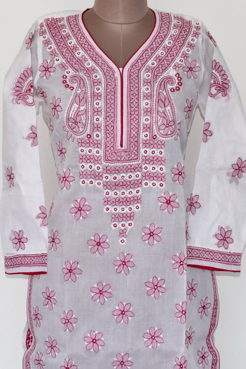 S 38 White-Maroon Chikankari Stitched Cotton Kurti 17886