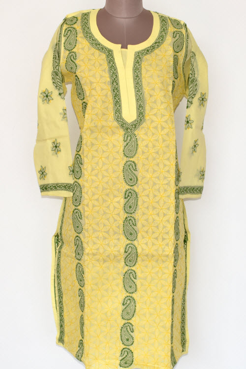 XL 44 Yellow Chikankari Stitched Cotton Kurti 17889