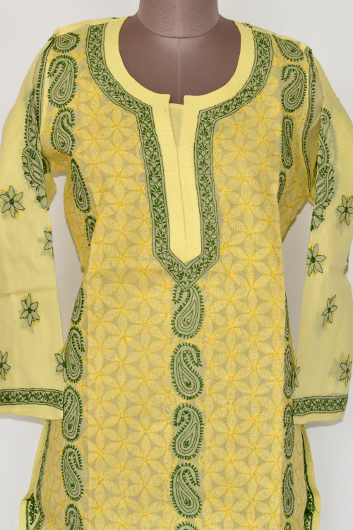 XL 44 Yellow Chikankari Stitched Cotton Kurti 17889
