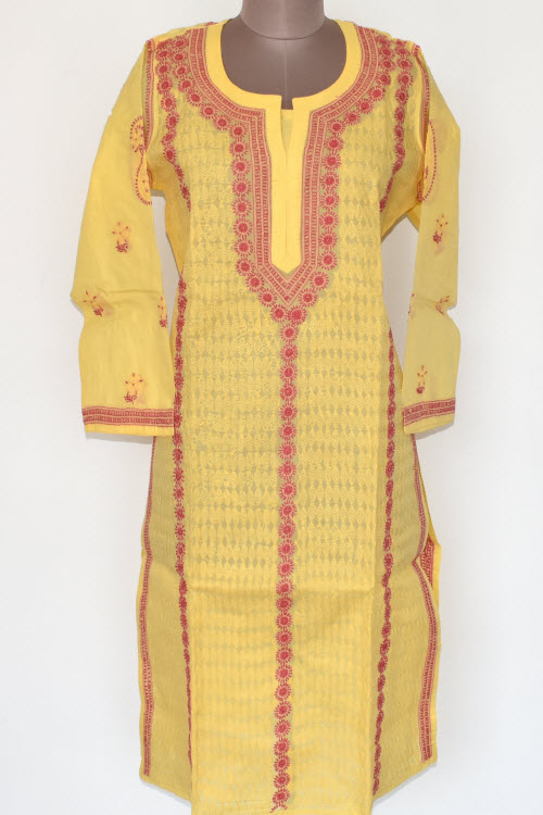 XL 44 Yellow Chikankari Stitched Cotton Kurti 17890