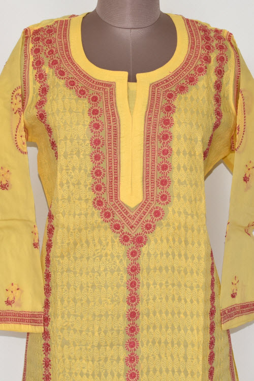 XL 44 Yellow Chikankari Stitched Cotton Kurti 17890