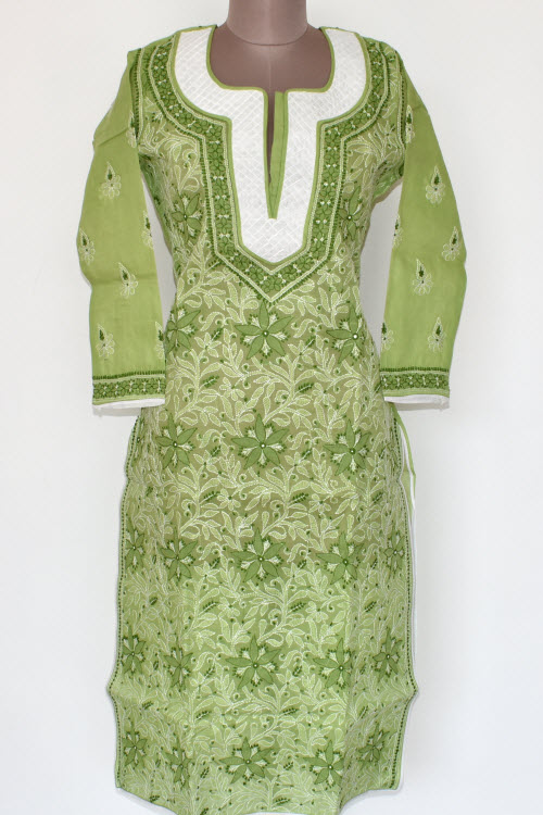 L 42 Pista Green Chikankari Stitched Cotton Kurti 17891