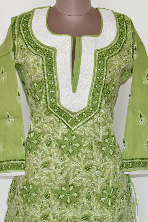 L 42 Pista Green Chikankari Stitched Cotton Kurti 17891
