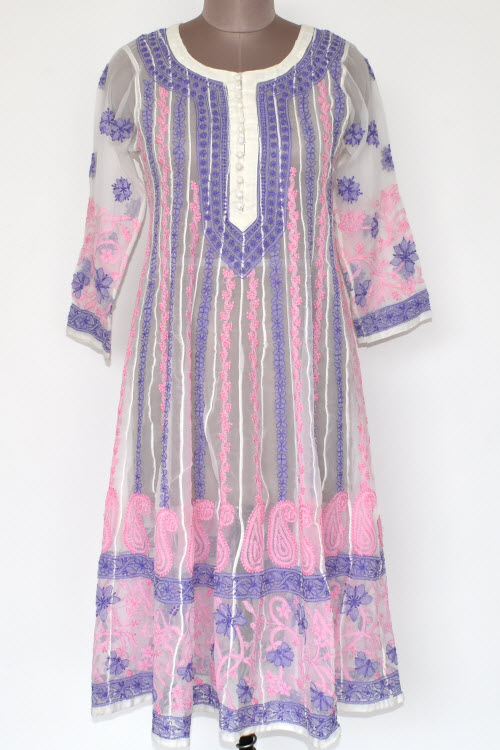 S 38 Pink-Blue Chikankari Stitched Georgette Anarkali