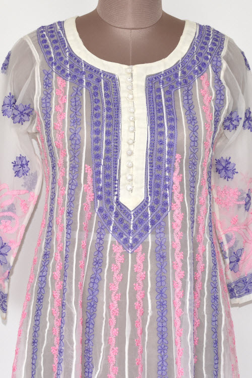 S 38 Pink-Blue Chikankari Stitched Georgette Anarkali