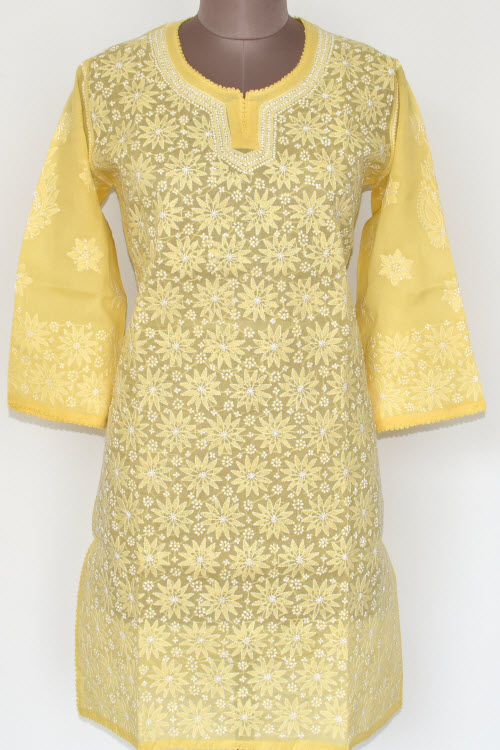 XL 44 Yellow Chikankari Stitched Cotton Short Kurti 17906