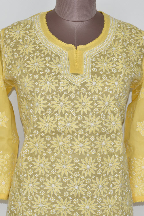 XL 44 Yellow Chikankari Stitched Cotton Short Kurti 17906