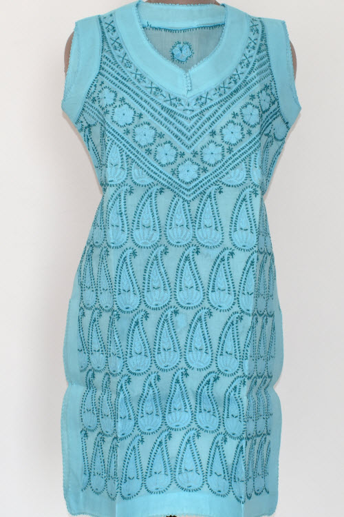 S 38 Sea Green Chikankari Stitched Cotton Short Sleeveless Kurti 17913