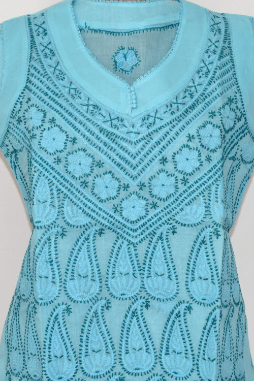 S 38 Sea Green Chikankari Stitched Cotton Short Sleeveless Kurti 17913