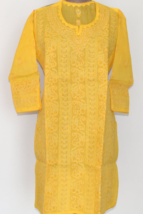 M 40 Turmeric Yellow Chikankari Stitched Cotton Short Kurti 17914