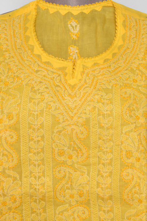 M 40 Turmeric Yellow Chikankari Stitched Cotton Short Kurti 17914