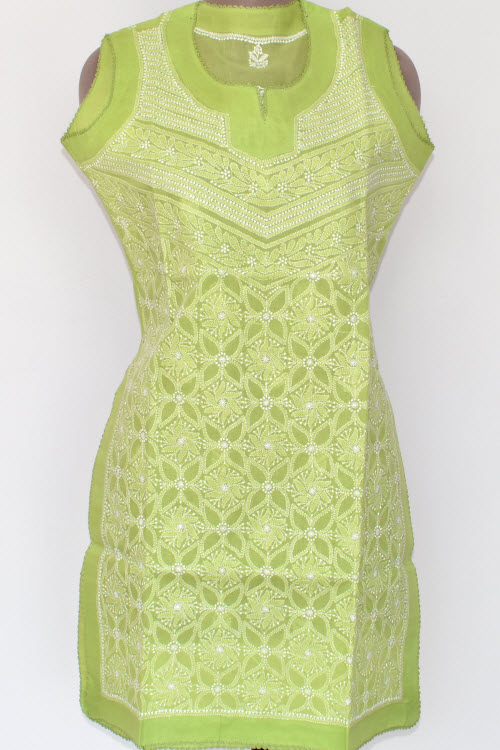 M 40 Pista Green Chikankari Stitched Cotton Short Sleeveless Kurti 17918