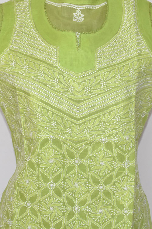 M 40 Pista Green Chikankari Stitched Cotton Short Sleeveless Kurti 17918