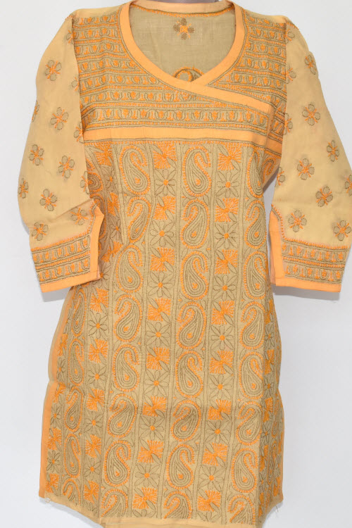 M 40 Fawn-Orange Chikankari Stitched Cotton Short Kurti Angrakha Style 17920